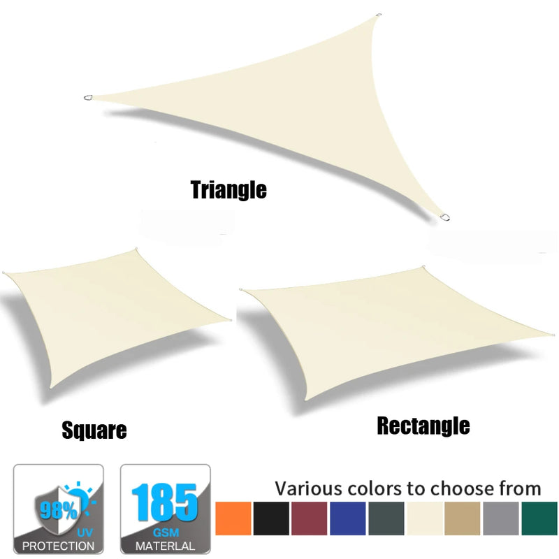 Voile d'ombrage triangulaire, carré ou rectangulaire en polyester 185 g/m², anti-UV, 17 tailles