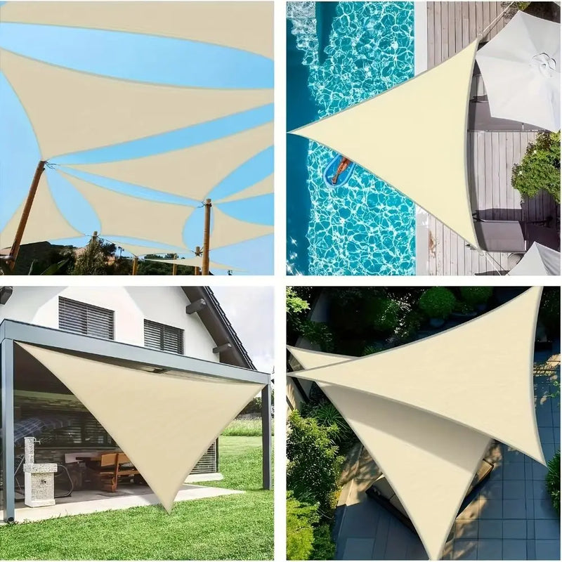 Voile d'ombrage triangulaire 3x3x3 m en polyester anti-UV avec cordes et anneaux inox, 5 coloris