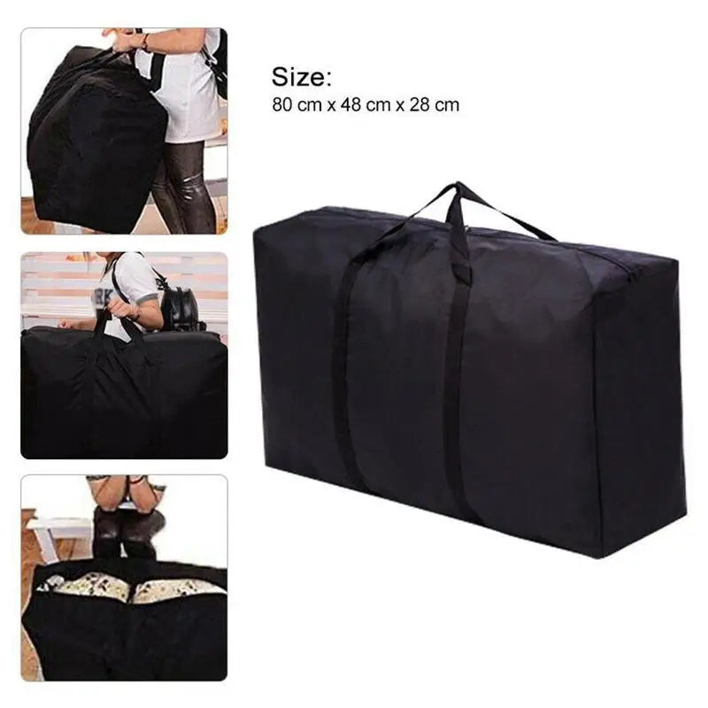 Grand sac de rangement noir 80 x 48 x 25 cm, fermeture éclair, tissu Oxford