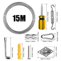 Kit de fixation voile d'ombrage avec câble métallique 15 m, tendeurs et œillets inox