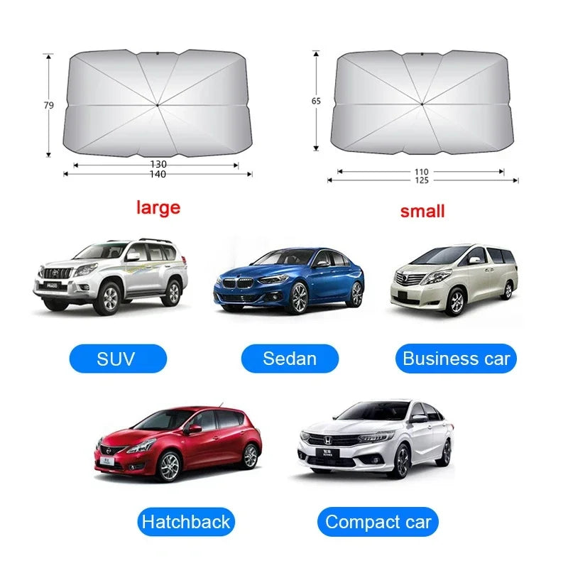 Pare-soleil parapluie pliable pour pare-brise voiture, 2 tailles et rideaux de vitres latérales