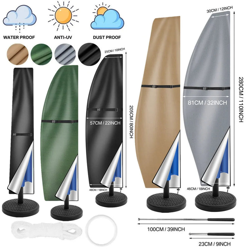 Housse de parasol déporté ou droit imperméable, 4 coloris, 7 tailles de 170 à 280 cm