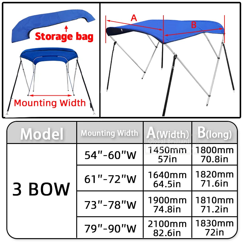 Toit bimini bateau 3 arceaux, toile 600D imperméable avec housse, sans armature, noir ou bleu