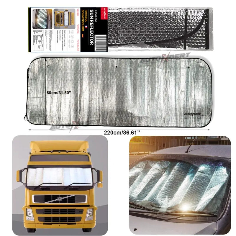 Pare-soleil de pare-brise pour camion 220 x 80 cm, aluminium anti-UV, ventouses et sac