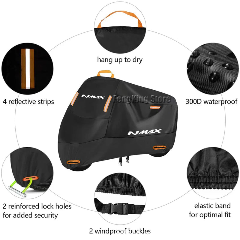 Housse scooter pour Yamaha N-MAX 125 et 155 (2015-2020), polyester 300D imperméable, anti-UV, 7 tailles