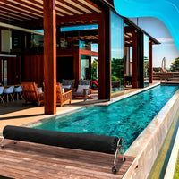 Housse enrouleur bâche solaire piscine noire, cordon de serrage et sangles, 495 à 730 cm