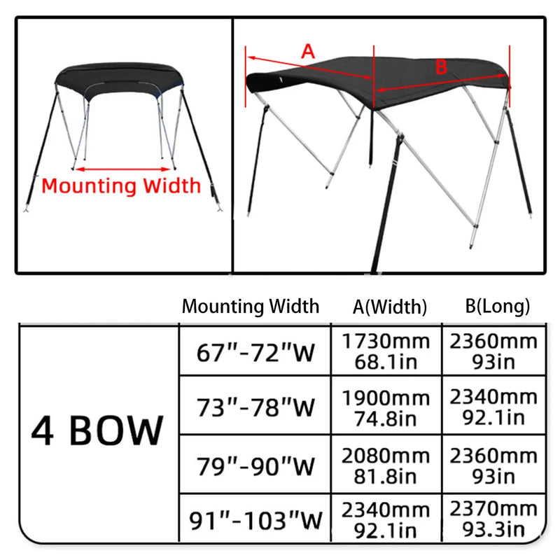 Toile de remplacement pour bimini de bateau 4 arceaux, noire, Oxford PVC, 4 tailles