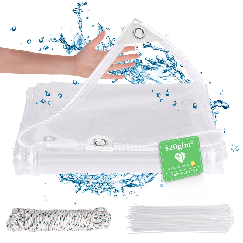 Bâche transparente PVC 420 g/m² à œillets inox et corde cousue, 8 tailles