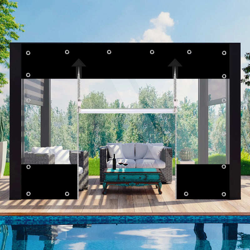 Bâche terrasse PVC à fenêtre transparente et deux fermetures éclair, noir ou gris, 5 tailles