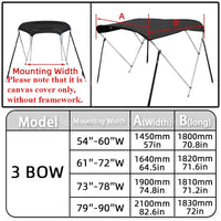 Toile de bimini bateau 3 arceaux polyester 600D noir, sans armature, 4 largeurs de cadre