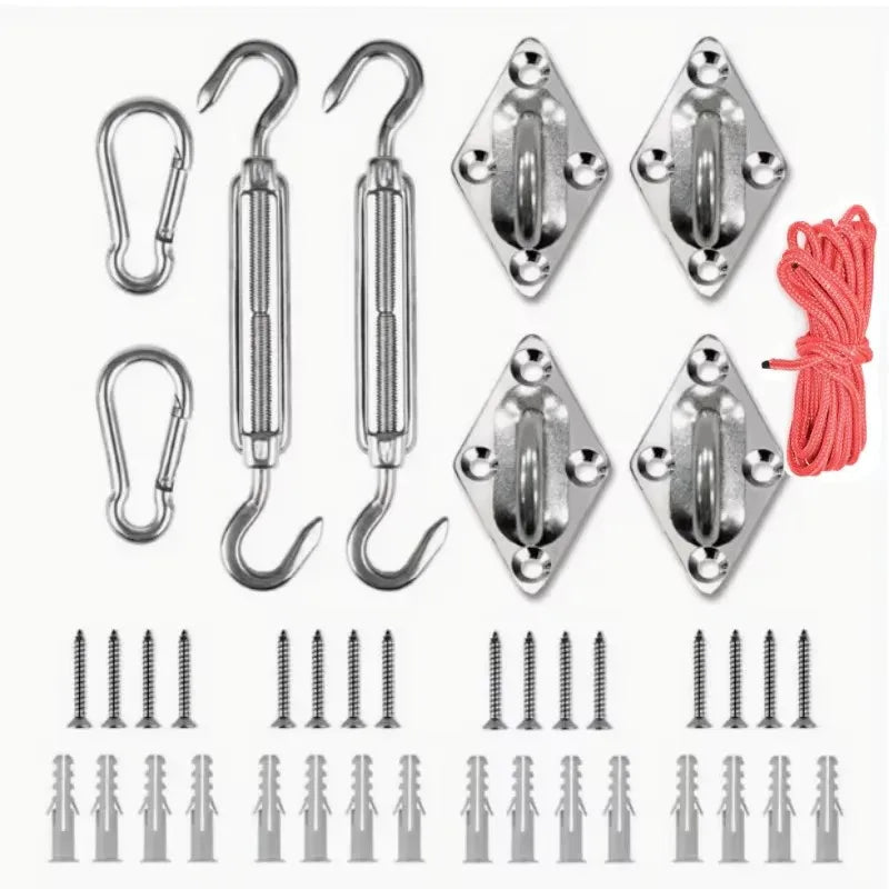 Kit de fixation voile d'ombrage inox 9 ou 13 pièces avec tendeurs et corde