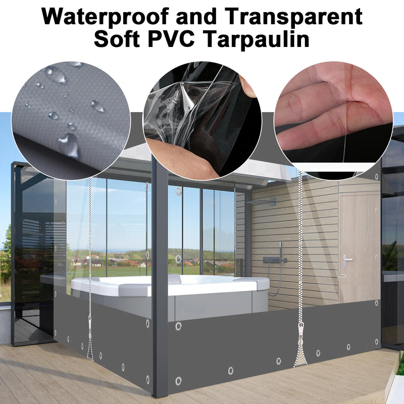 Bâche terrasse PVC à fenêtre transparente et fermeture éclair, noir ou gris, 3 tailles