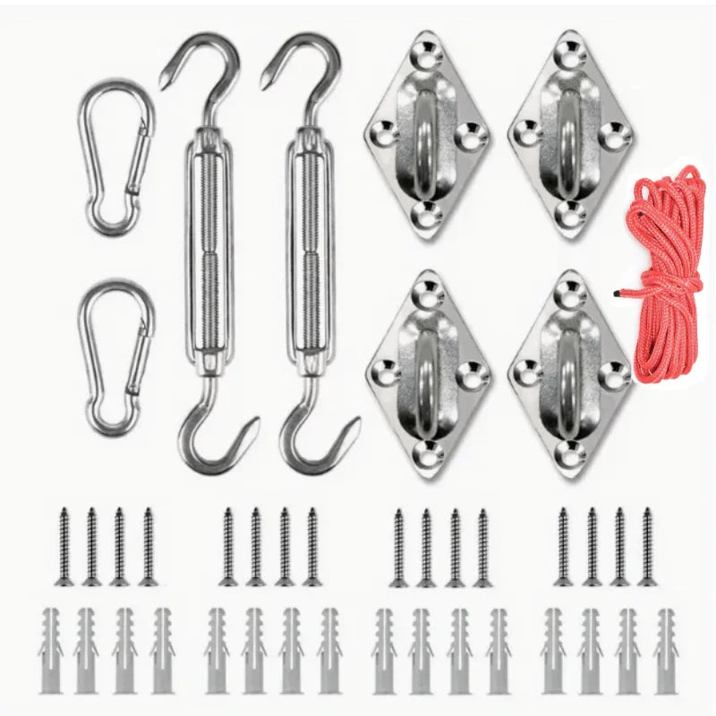 Kit de fixation voile d'ombrage inox 9 ou 13 pièces avec tendeurs et corde