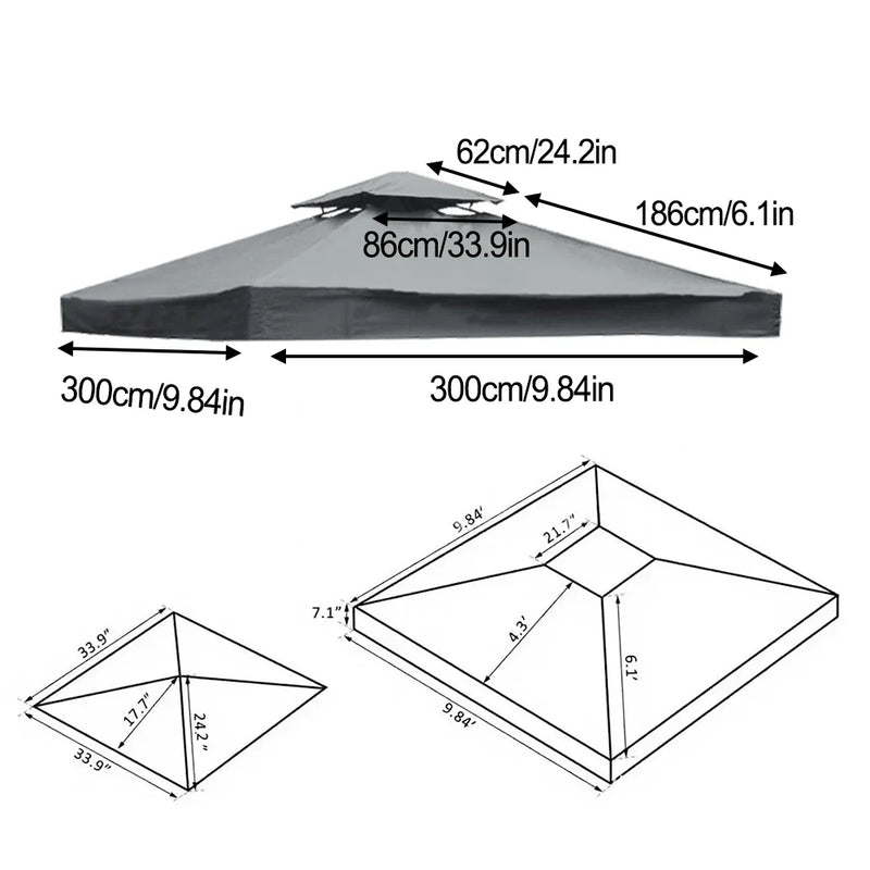Toit de tonnelle 3 x 3 m à deux niveaux ventilés, polyester 300D, poches d'angle renforcées