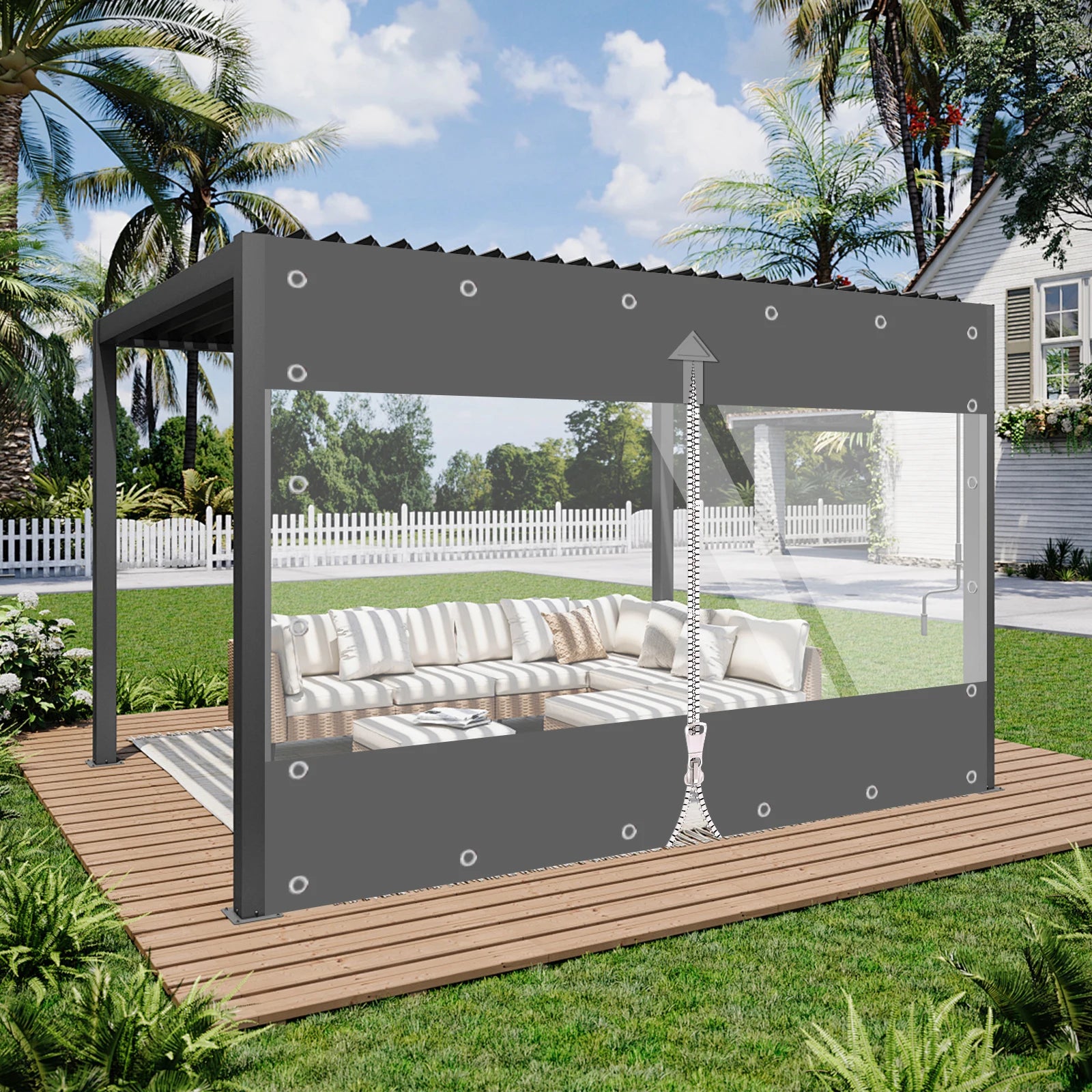 Bâche terrasse PVC à fenêtre transparente et fermeture éclair, noir ou gris, 3 tailles