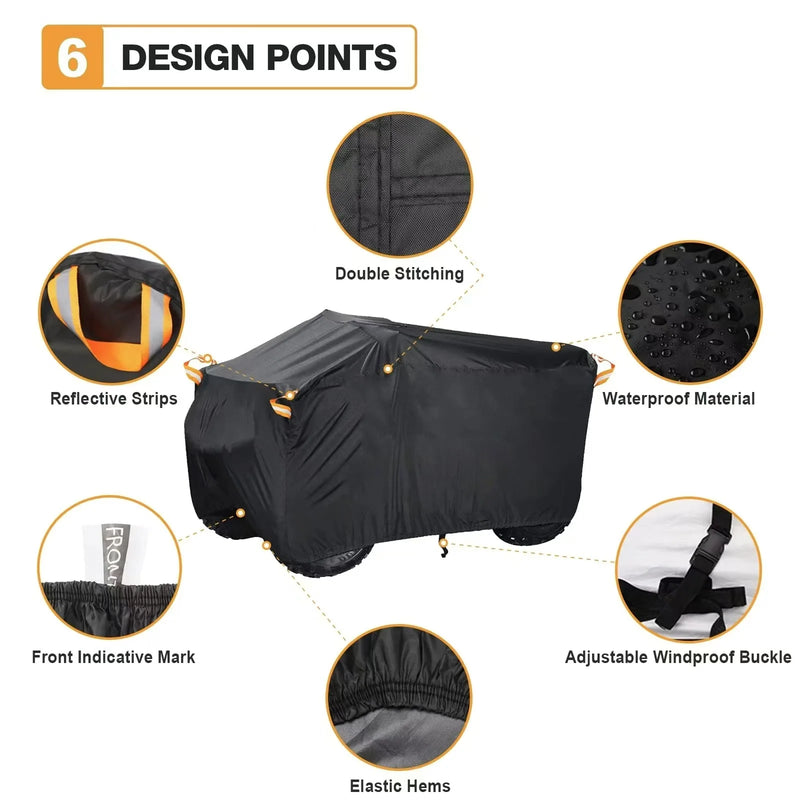 Housse quad imperméable en polyester 190T, anti-UV, noire, bandes réfléchissantes, tailles L à XXXL