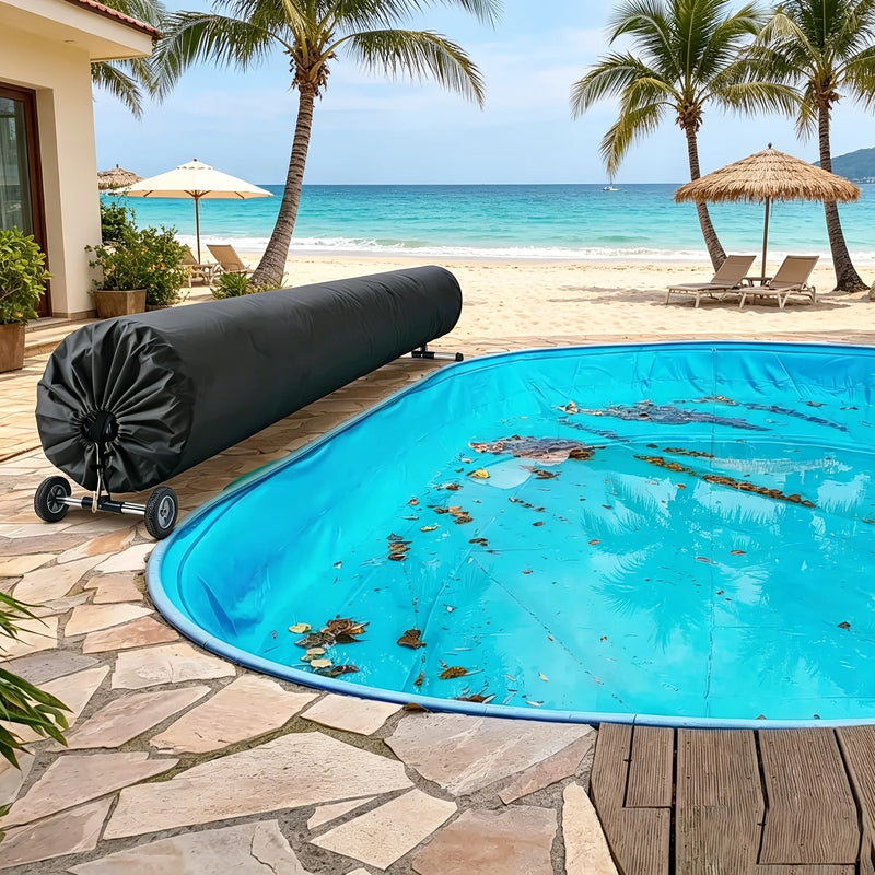 Housse enrouleur bâche solaire piscine noire, cordon de serrage et sangles, 495 à 730 cm
