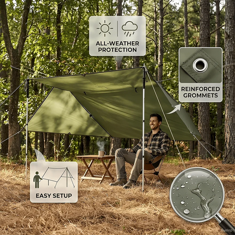 Bâche de camping imperméable 3 en 1 en polyester, auvent et abri, camouflage, noire ou verte
