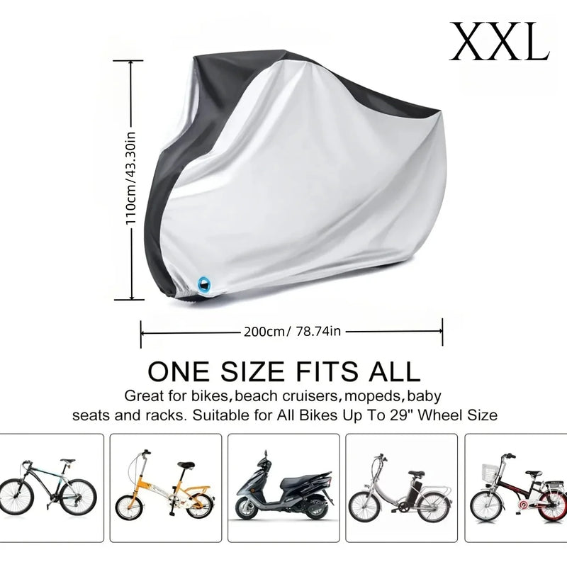 Housse vélo électrique imperméable anti-UV argent et noir, 4 tailles de 170 à 200 cm