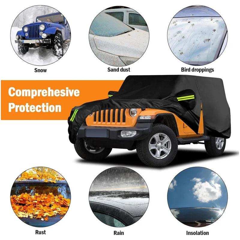 Housse voiture pour Jeep Wrangler 2 portes 1987-2025, imperméable, sangles coupe-vent, 440 x 190 x 150 cm