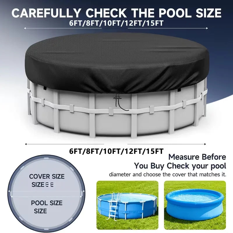 Bâche piscine hors sol ronde noire à cordon de serrage, tissu 210D, 1,8 à 5,4 m