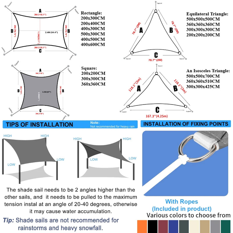 Voile d'ombrage imperméable anti-UV en polyester 160 g/m², triangle, carré ou rectangle