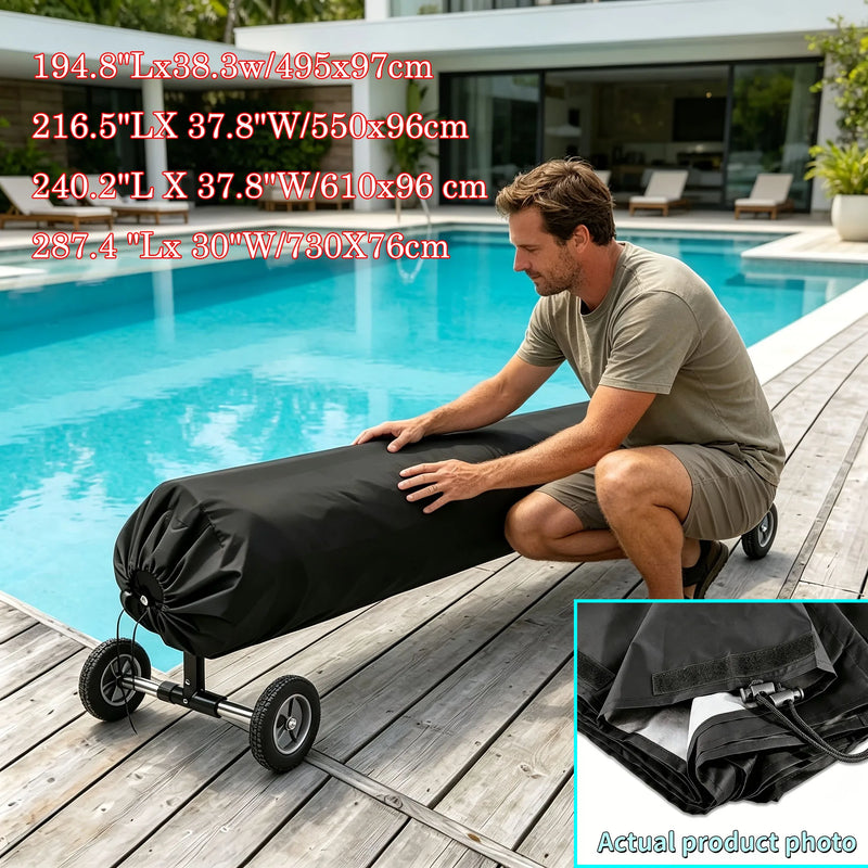 Housse enrouleur bâche solaire piscine noire, cordon de serrage et sangles, 495 à 730 cm