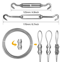 Kit de fixation voile d'ombrage avec câble métallique 15 m, tendeurs et œillets inox