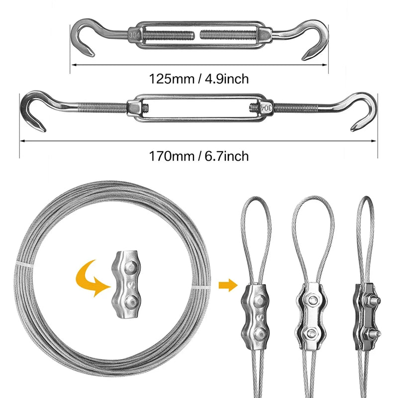 Kit de fixation voile d'ombrage avec câble métallique 15 m, tendeurs et œillets inox