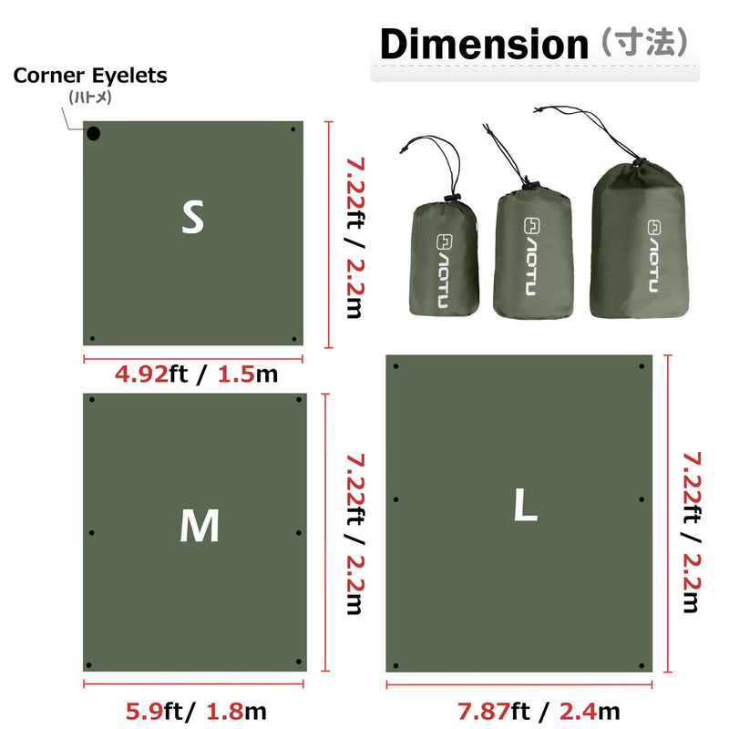 Bâche de sol camping imperméable à œillets, trois dimensions de 1,5 à 2,4 x 2,2 m