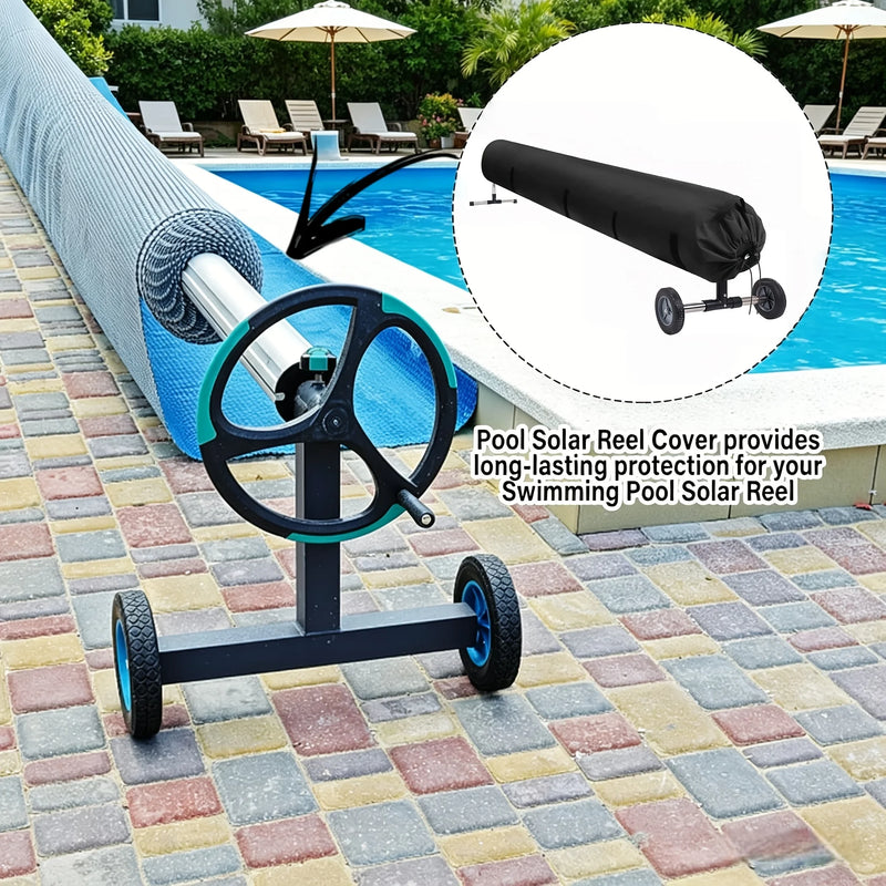Housse enrouleur bâche solaire piscine noire, cordon de serrage et sangles, 495 à 730 cm