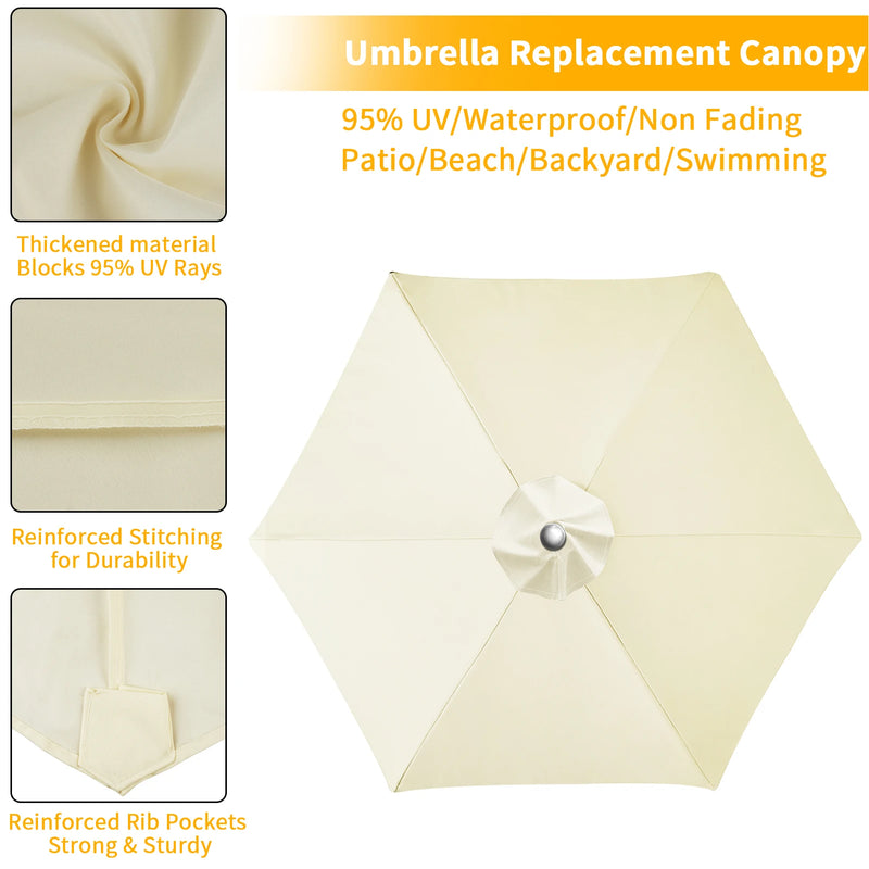 Toile de remplacement parasol 6 ou 8 baleines, imperméable anti-UV, Ø 2 à 3 m