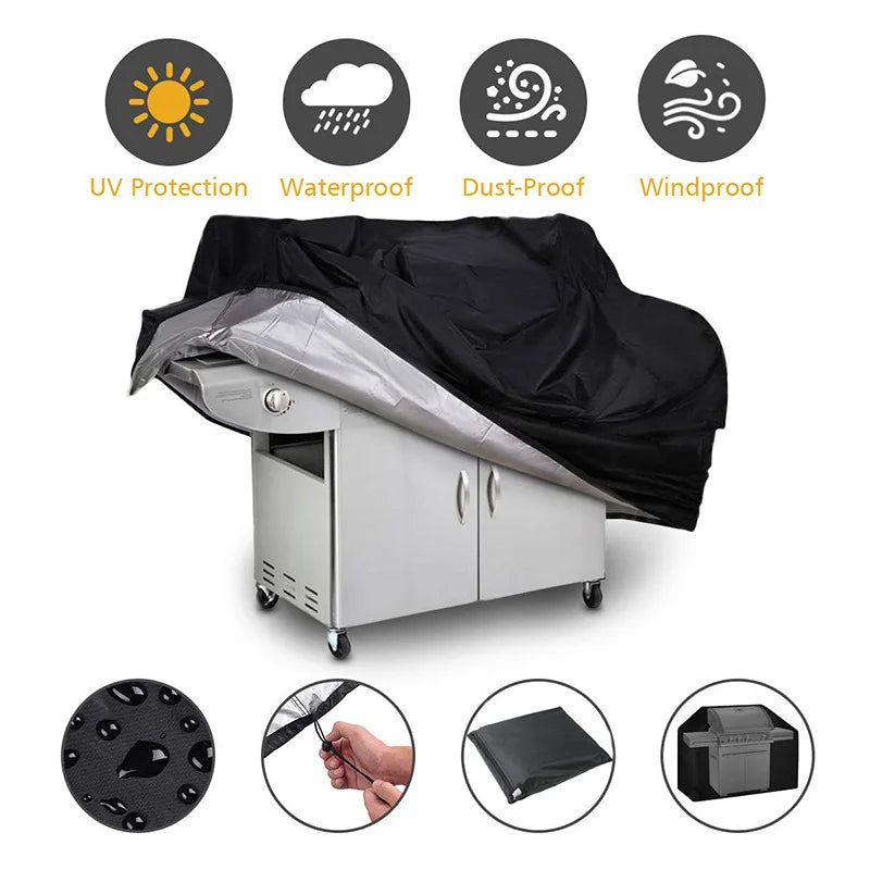 Housse de barbecue imperméable à revêtement PVC, anti-UV, 8 tailles, noir
