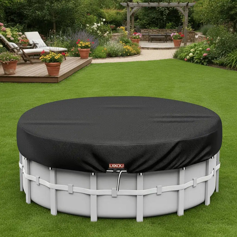 Bâche piscine ronde hors sol noire imperméable anti-UV à cordon de serrage, diamètre 190 à 580 cm