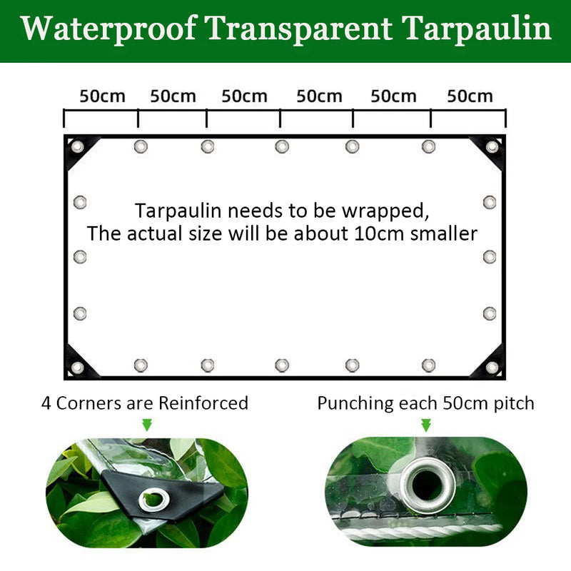 Bâche transparente PVC à œillets en aluminium, 12 tailles de 1x1,5 à 3x6 m