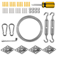 Kit de fixation voile d'ombrage avec câble métallique 15 m, tendeurs et œillets inox