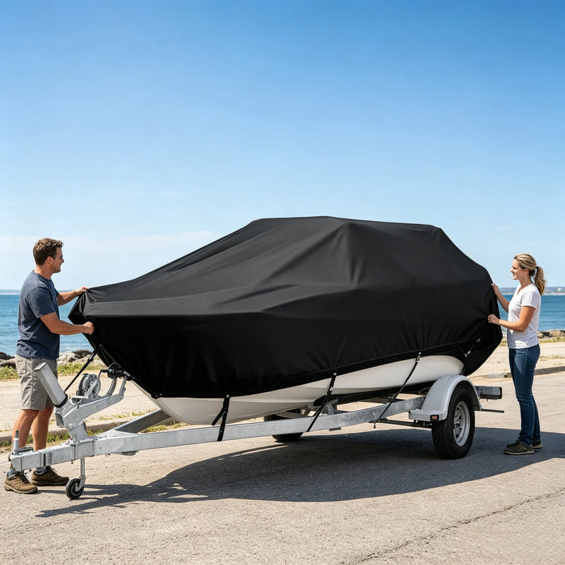 Housse bateau coque en V imperméable anti-UV noire, 4 tailles de 4,2 à 7 m