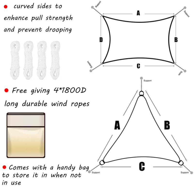 Voile d'ombrage triangulaire ou rectangulaire en polyester enduit PU, 3 coloris, de 2x2x2 à 4x6 m