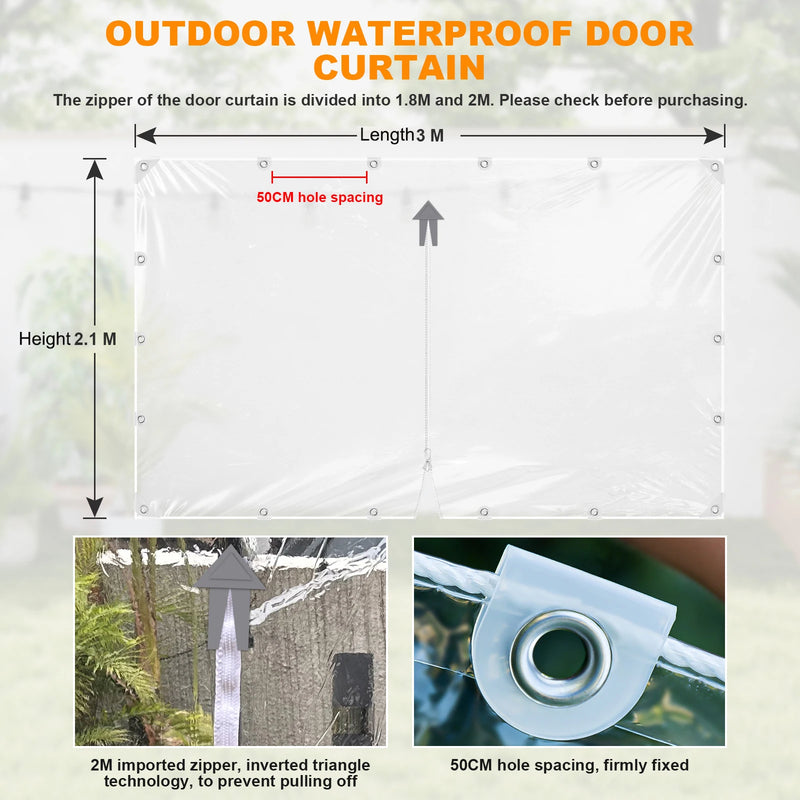 Bâche transparente terrasse en PVC 420 g/m² avec fermeture éclair et œillets, 8 tailles