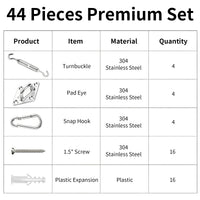 Kit de fixation pour voile d'ombrage en acier inoxydable, 7 compositions de 4 à 72 pièces