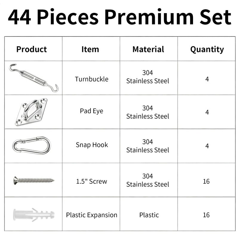 Kit de fixation pour voile d'ombrage en acier inoxydable, 7 compositions de 4 à 72 pièces