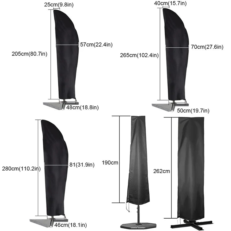 Housse de parasol droit ou déporté Oxford 210D noire, 17 tailles de 140 à 280 cm