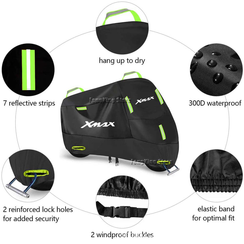 Housse scooter pour Yamaha X-MAX 125, 250, 300 et 400, polyester 300D imperméable, anti-UV, 6 tailles