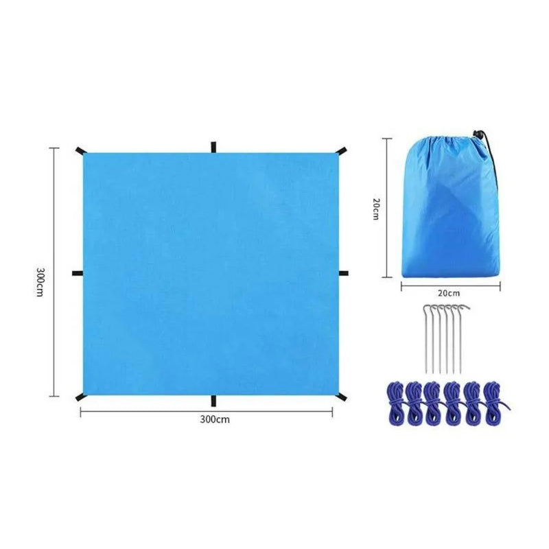Bâche de camping imperméable en polyester 3 x 3 m avec cordes et piquets