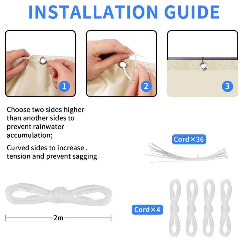 Voile d'ombrage pergola imperméable anti-UV à œillets, 4 coloris, 4 à 20 m²