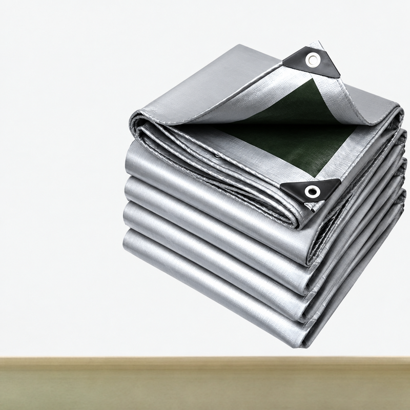 Bâche étanche argent et vert à œillets renforcés, de 2 x 4 m à 5 x 6 m