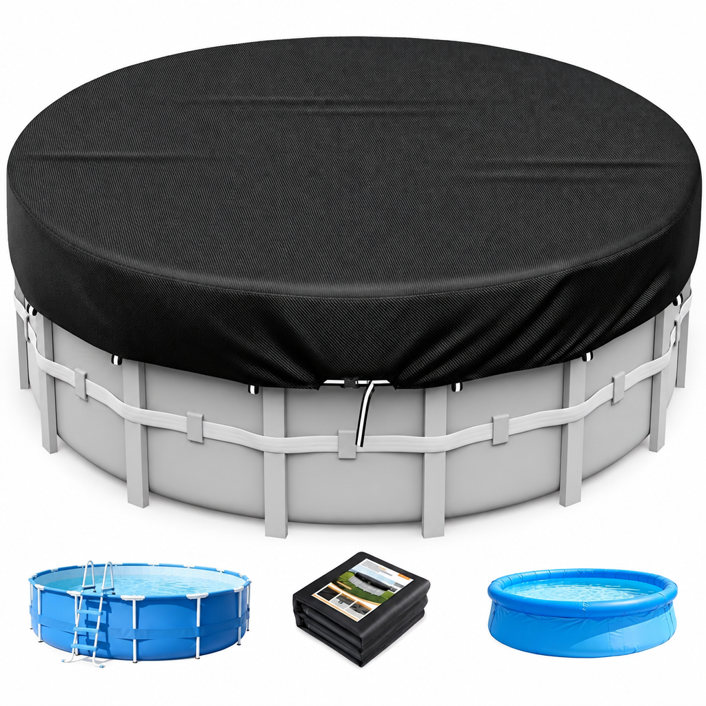 Bâche piscine ronde hors sol noire imperméable anti-UV à cordon de serrage, diamètre 190 à 580 cm