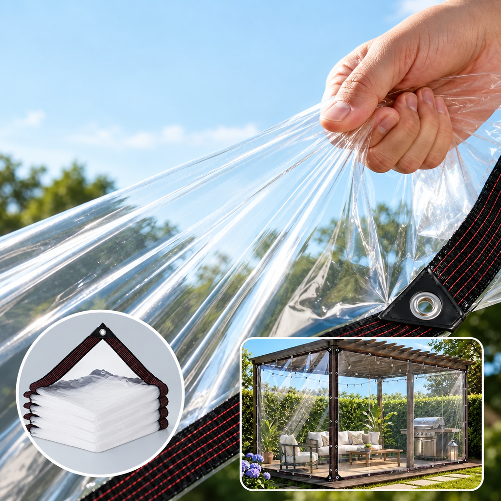 Bâche transparente en PVC avec œillets et bords renforcés pour pergola et terrasse, 2 x 3 m