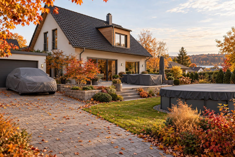 Maison en automne avec voiture, mobilier de jardin et piscine hors sol tous couverts pour la saison