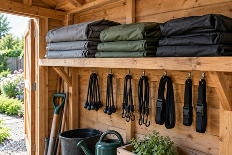 Étagère d'abri de jardin avec housses de protection pliées et sandows suspendus